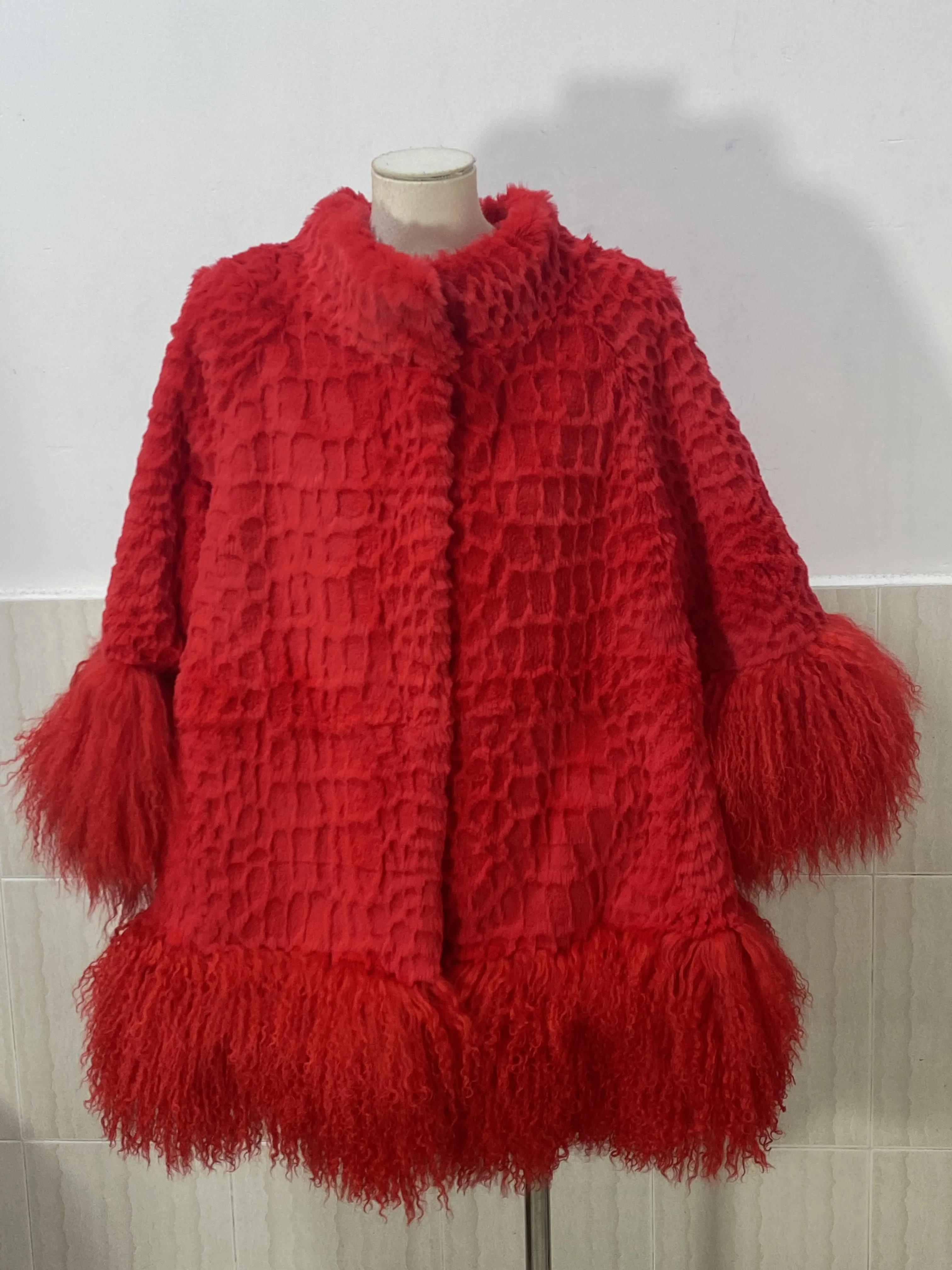 LGRQ Causal Whole Rabbit Fur Furs Tassel Spliced Solid Color Single Breasted High Collar Warm Women's Coat 2024 Winter New 19D46