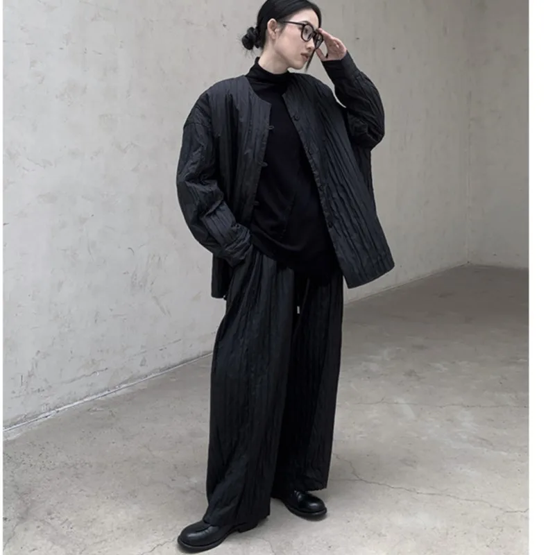 Johnature Autumn Winter Retro Casual Vertical Ribbed Pants Cotton-Padded Fleece-Lined Thick Straight-Leg Casual Women Pants