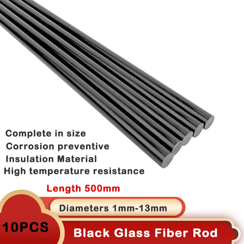 10PC Black Glass Fiber Rod All Diameters 1mm-13mm Solid Fiberglass Round Bars Arch Tent Mosquito Net Bracket Length 500mm