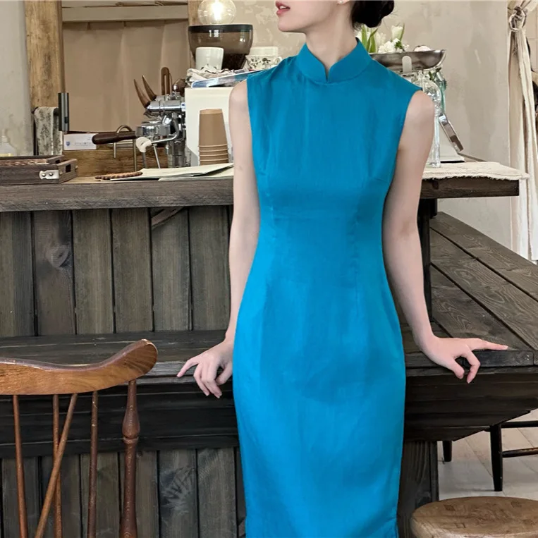 

7996 Summer New Chinese Zen Style Cheongsam Half High Collar Button Split Sleeveless Ice Silk Long Dress