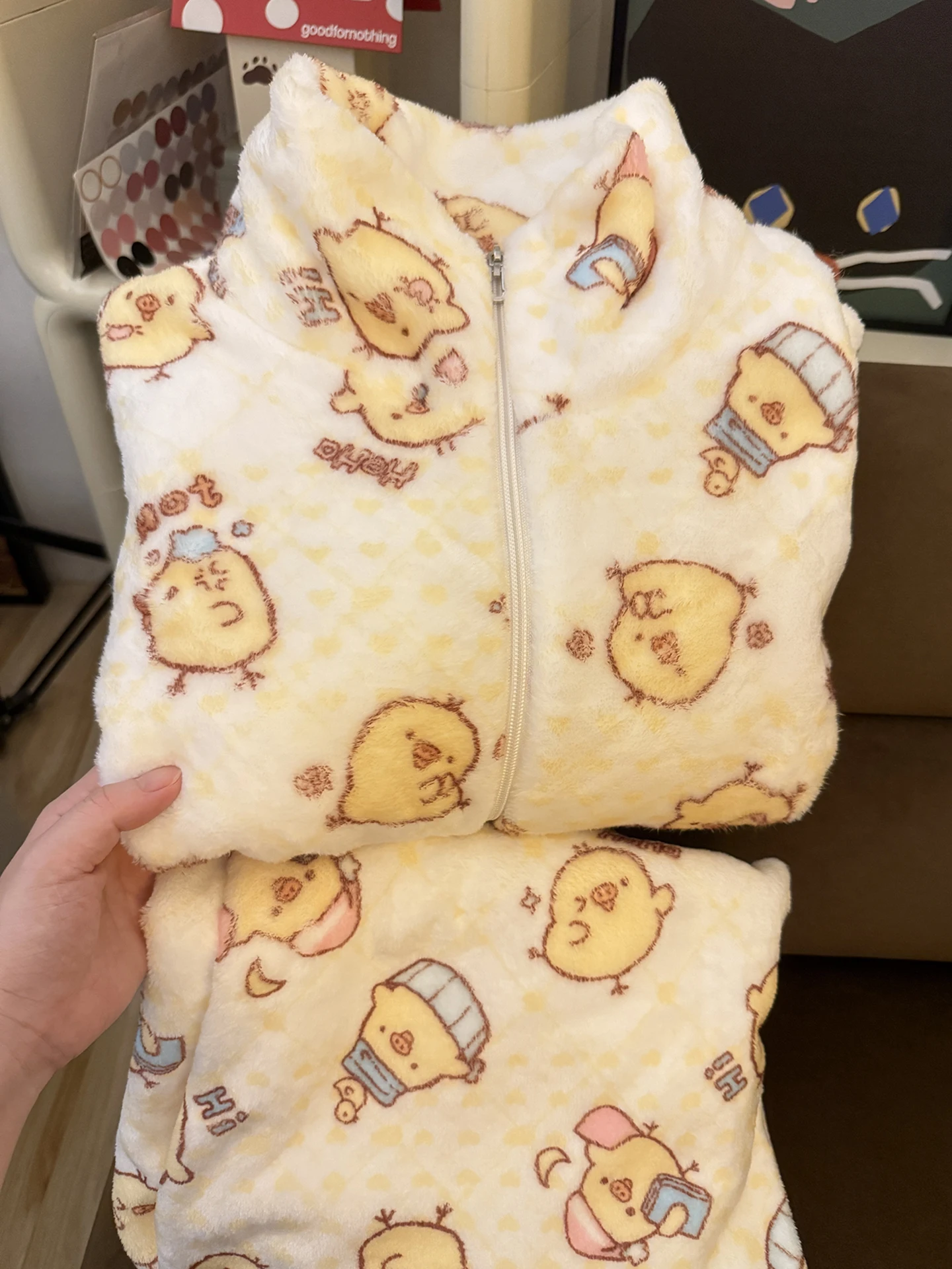 yellow-nose-chicken-fluffy-coral-fleece-zipper-thickened-winter-women's-sleepwear-long-sleeve-home-clothes-suitable-for-outdoor