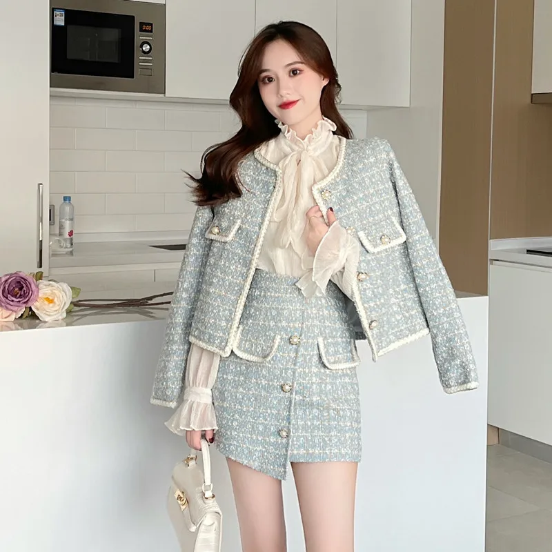 Autumn 2 Pieces Set Elegant Fashion Vintage Plaid Tweed Long Sleeve Jackets Coat + Irregular A-Line Mini Skirts Suit