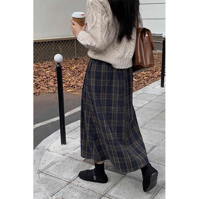 MEXZT Vintage Plaid Midi Skirts Women Harajuku Woolen A Ine Skirt Winter Ladies Streetwear Korean High Waist Casual Faldas New