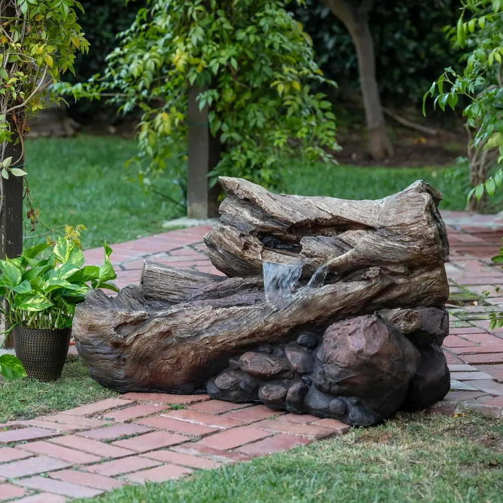 

24" Tall Outdoor 2-Tier Fallen Tree Trunk Water Fountain with LED Lights, Rustic Cascading Design, Customized