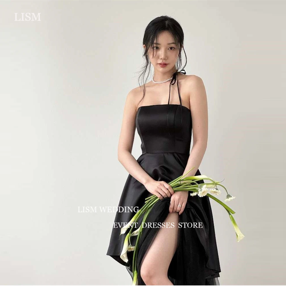 

LISM Mini Short Black Evening Party Dresses Korea Photoshoot Strapless Satin Garden Formal Gowns Mariage Corset/Zip Back