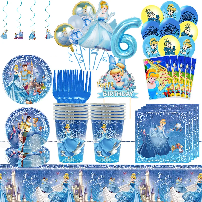 Décorations de fête d'anniversaire cendrillon, vaisselle jetable, tasses, assiettes, ballons, arrière-plan, cadeaux à thème princesse pour fille, fournitures de décoration