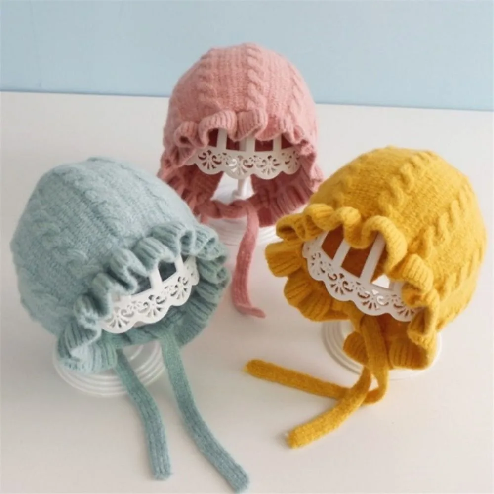 

Fashion Autumn and Winter Infant Hat Adjustable Warm Knitted Hat Ear Protection Lace Edge Baby Hooded Hat 0-1Years