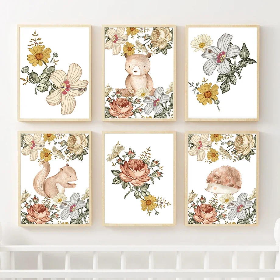 

Flowers Bear Squirrel Hedgehog Elephant Shapes Nordic Posters And Prints Wall Art Canvas Painting Wall Pictures Kids Room Decor