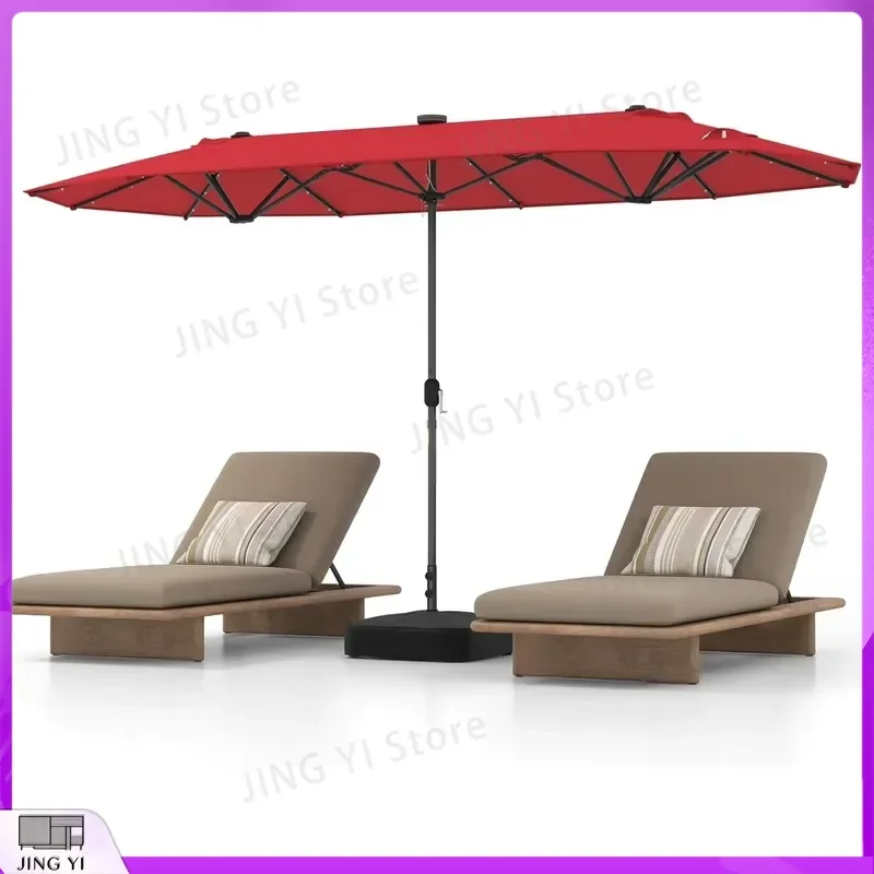 Solar Powered LED Patio Umbrella 13 Feet Wide Crank Lift Outdoor Market Umbrella Waterproof UV Resistant Garden Shade