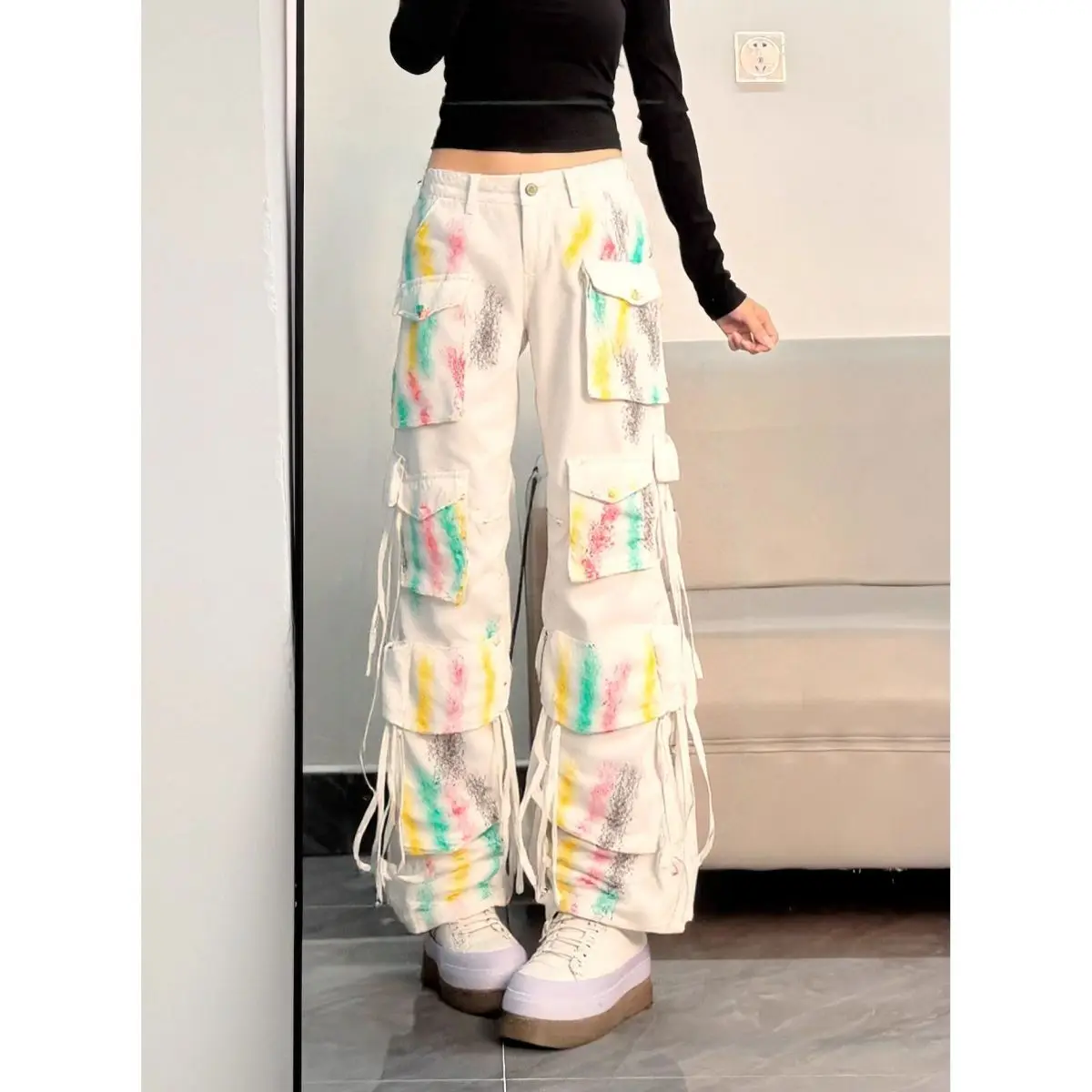 Women's Colorful Graffiti Multiple Pockets Wide Leg Pants Casual Street Hip-hop Bottoms Female High Waist Fashion Trousers