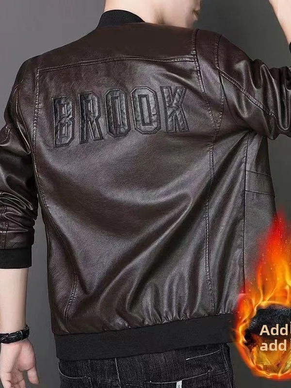 

Thiened Fce Men's Leather Jaet Autumn Winter Faionable Embroidered Jaet Baseball Collar Large Size Long Sve Coat