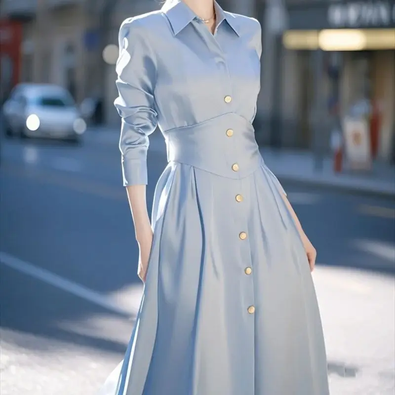 الأزرق مكتب سيدة فستان ستان الربيع الفرنسية أنيقة التلبيب عالية الخصر واحدة الصدر ألف خط فساتين النساء فستان ميدي رسمي