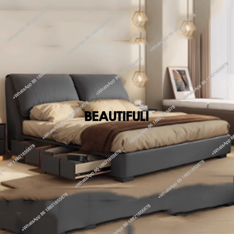 

Leather Storage Double Bed Drawers Luxury Wood Multifunctional Queen Double Bed Modern White Letto Matrimoniale Home Furniture