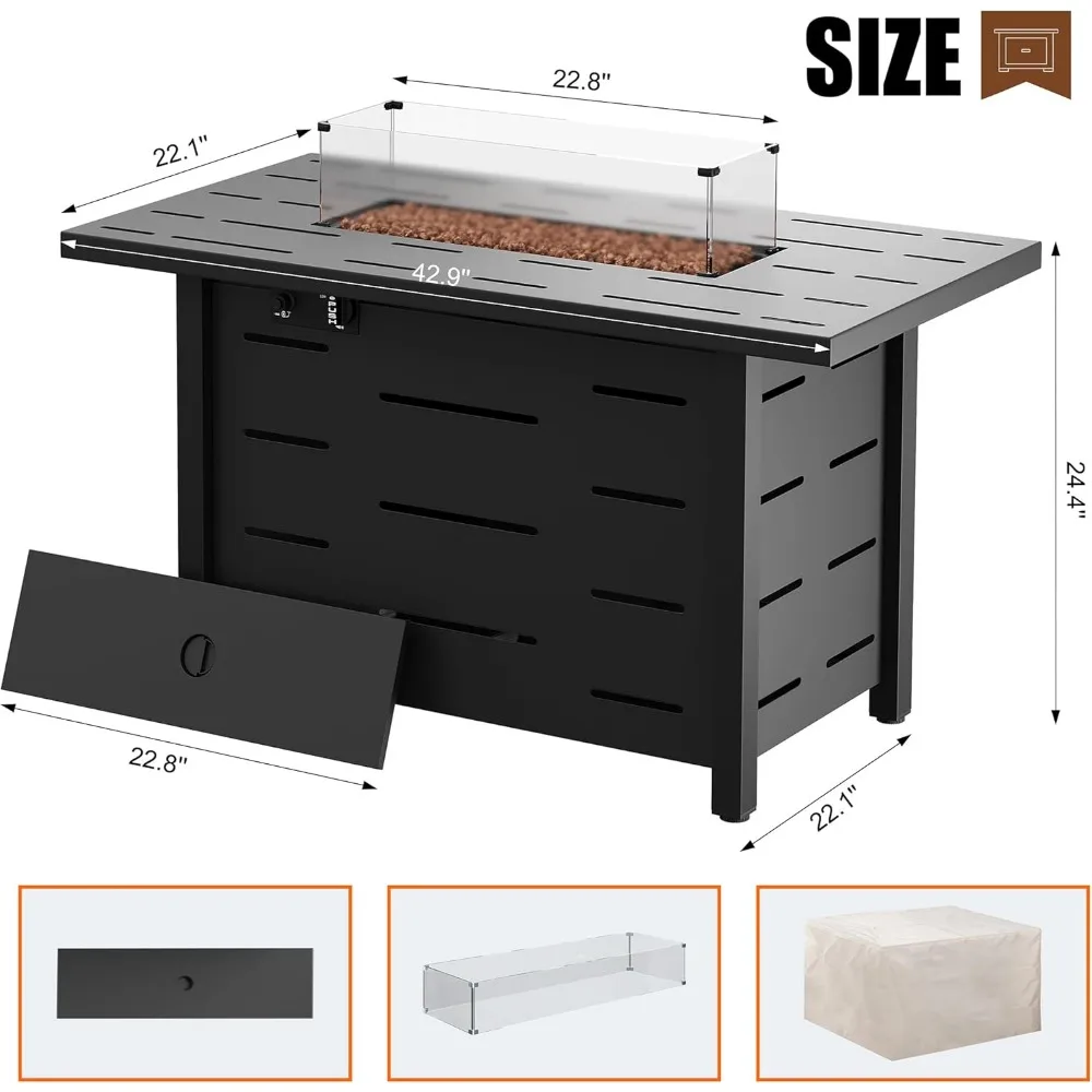 43 inch Outdoor Propane Fire Pit 50,000 BTU Gas Fire Pit Table with Lid,Waterproof Cover, Rectangle Gas Firepit Table for Garden