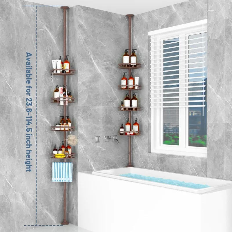 hower Caddy Corner Tension Pole Stainless Organizer for Bathroom, Rustproof 4 Large Shelves and 2 Small Basket Bathtub Shampoo