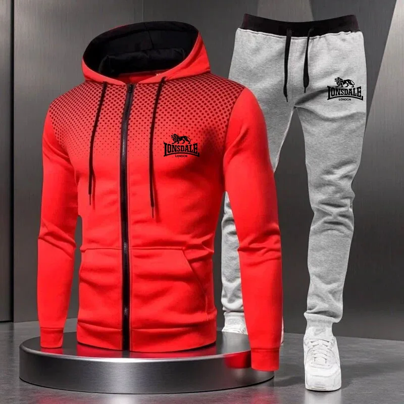 

Mens Tracksuits+Sweatpants Two Pieces Suits 2026 Winter Print Zipper Hooded Sweatshirt Casual Fitness Jogging Sports Pants Sets