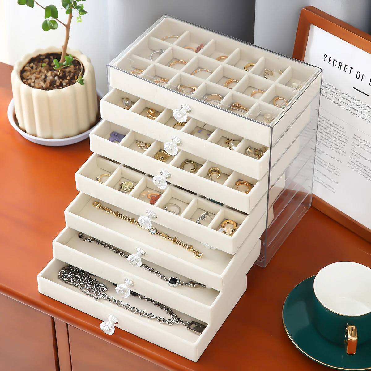 7‑Layer Drawer Type Desktop Jewelry Organizer Box, Clear Dustproof  Storage Case for Rings Earrings Necklaces Bracelets Jewelry