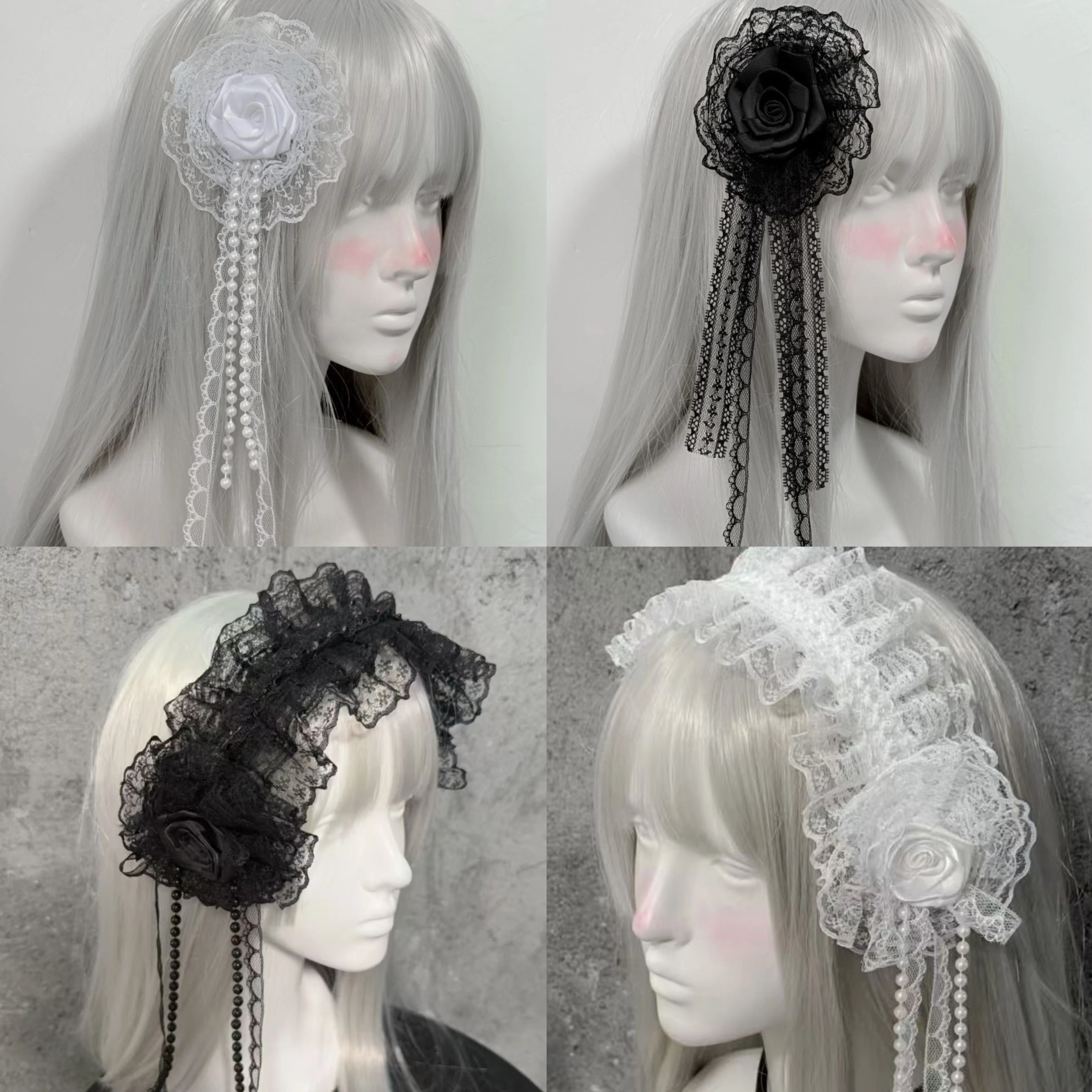 Elegancka opaska do włosów dla kobiet w stylu Y2K, czarno-biała, z koronką, koralikami i różą, vintage klips do włosów z perłami i kwiatami na wesele, studniówkę.