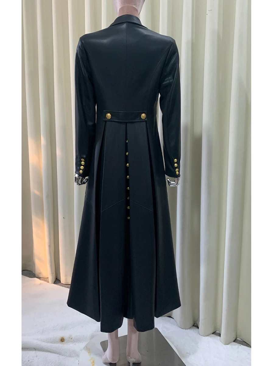 Automne Long rouge noir Pu cuir manteau pour femmes Double boutonnage élégant luxe Chic grande taille vêtements Faux cuir pardessus 2025