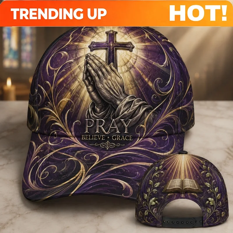 Customization Men'S Bohemian Faith-Themed Baseball Cap With Praying Hands, Cross, And Purple-Golden Swirl Church Pattern - Adjus