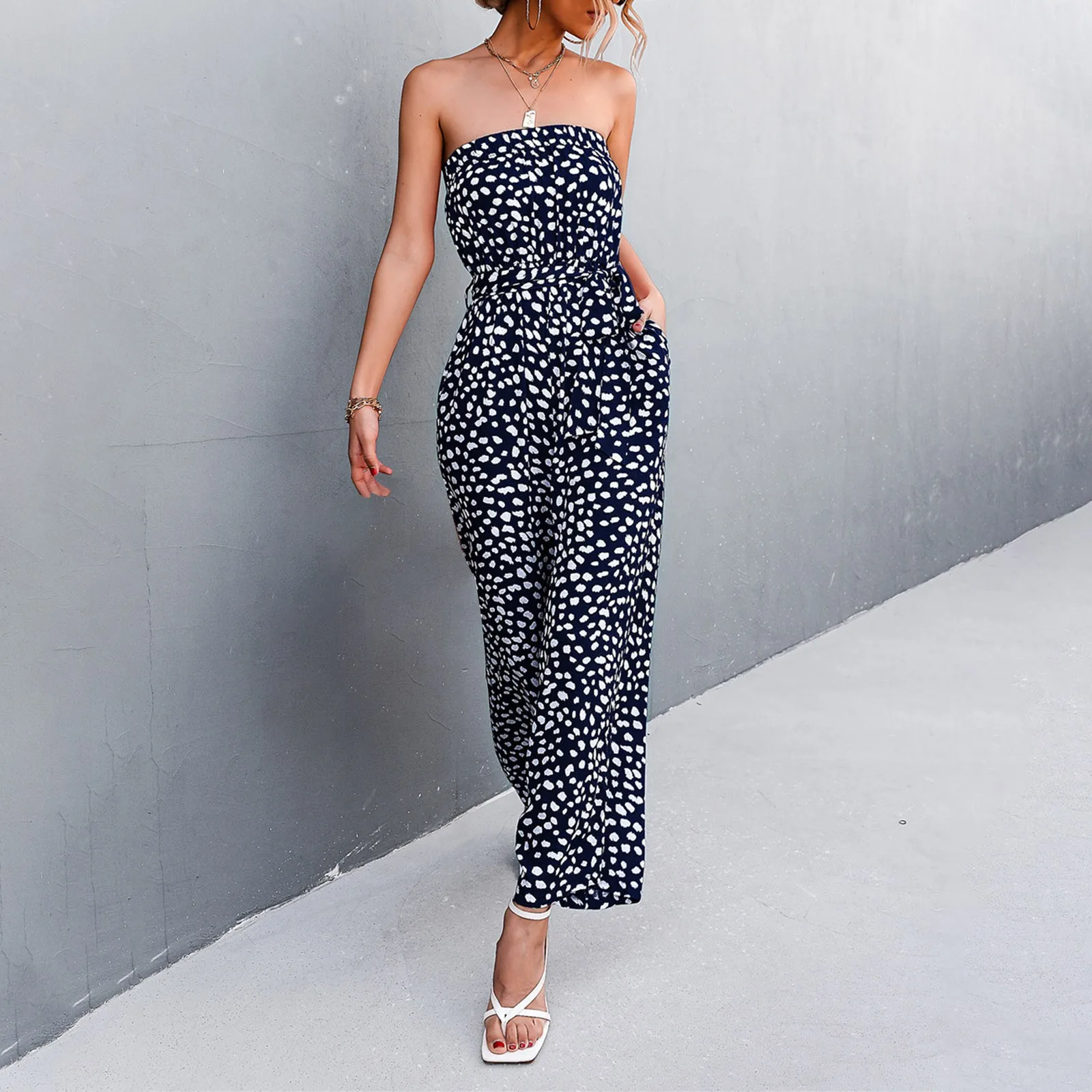 

Summer Casual Off Shoulder Strapless Floral Print Belted Slit Wide Leg Jumpsuit Women's Elegant Jumpsuits Long Pant Romper