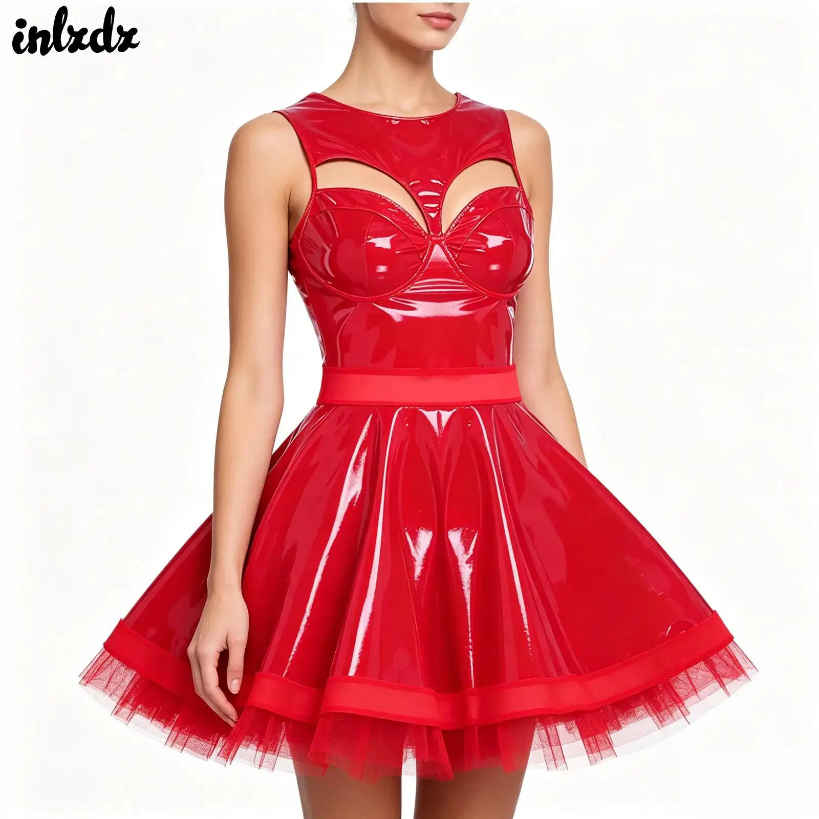 Damen PU-Leder Latex Minikleid mit Ausschnitten, figurbetontes Partykleid mit Push-up-Effekt, Bügel-BH und transparentem Mesh am Saum