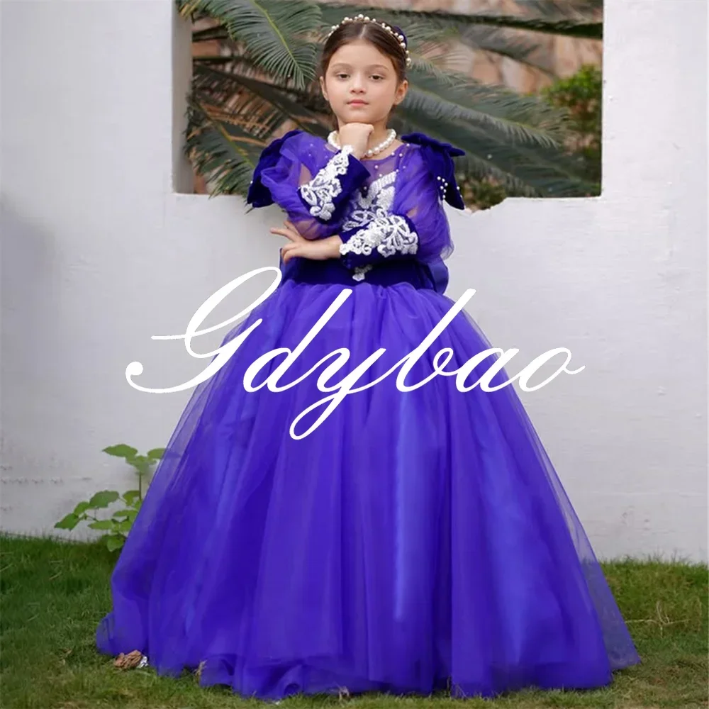 Princess Applique Puff Sleeve A Line Long Ball Flower Girl Dress Floor Length Sweep Train Formal First Communion Gown Customized