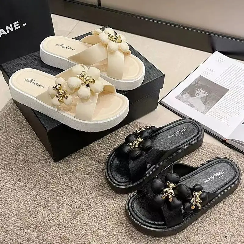 

Новые летние женские модные шлепанцы с цветочным принтом для улицы, в корейском стиле, повседневные, на плоской подошве, мюли