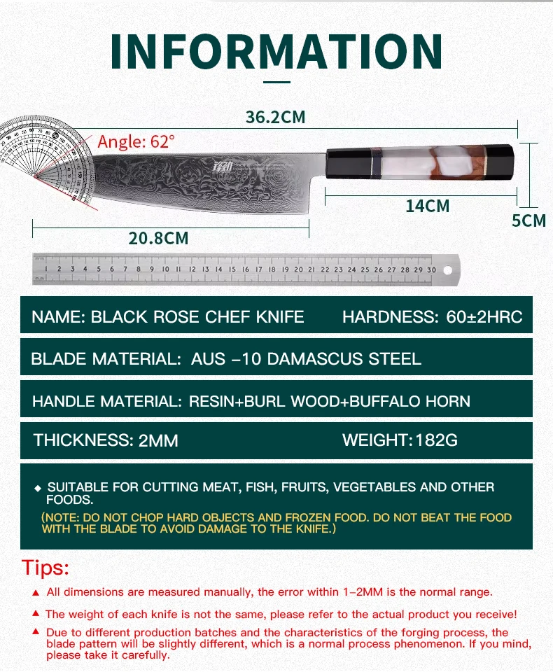 FINDKING Black Rose Series 8 inch Chef Knife AUS 10 Damascus Steel Kitchen Knives Rose Pattern Professional Resin Kitchen Knife