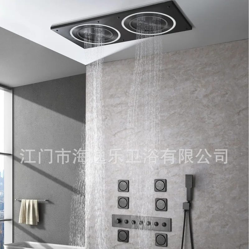 Luxury 1100*480mm Dual Overhead Showers Thermostatic Rain shower Set Recessed LED Shower system faucet Adjustable Flow Rate
