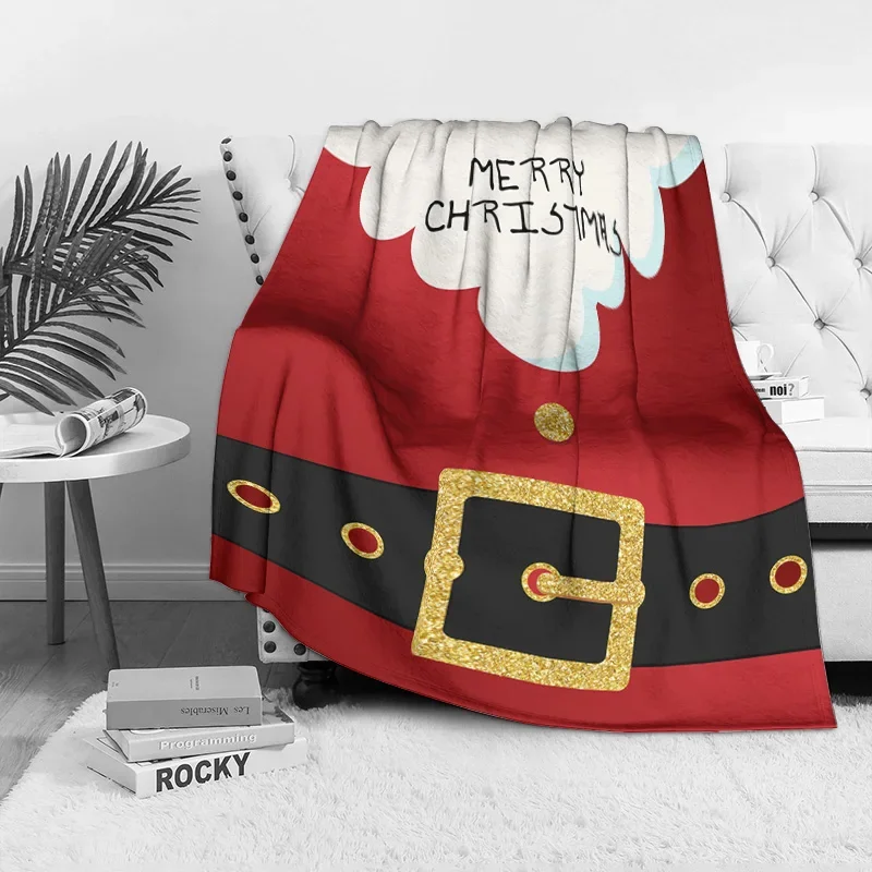 Santa Belt Buckle Fleece Blanket, Red with White Fur Trim and Gold Clasp, Festive Christmas Throw for Holiday Sofa Decor
