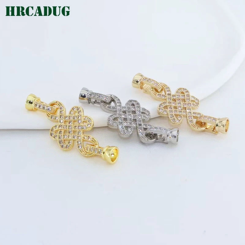 Pearl Jewelry Necklace Bracelet End Buckle 18K Gold Plated Zircon China Auspicious Knot Connector Clasps For Jewelry Accessories