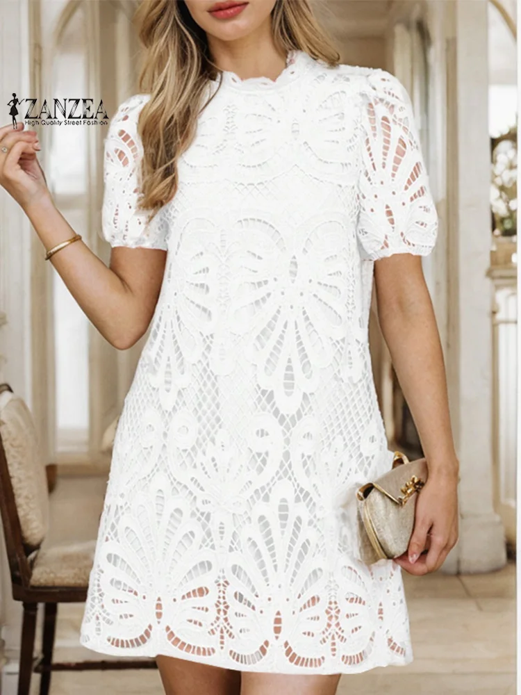 ZANZEA Elegant Summer Short Sleeve OL Work Knee-length Sundress Fashion Lace Crochet Dresses Women Party Vestido Robe Femme 2024