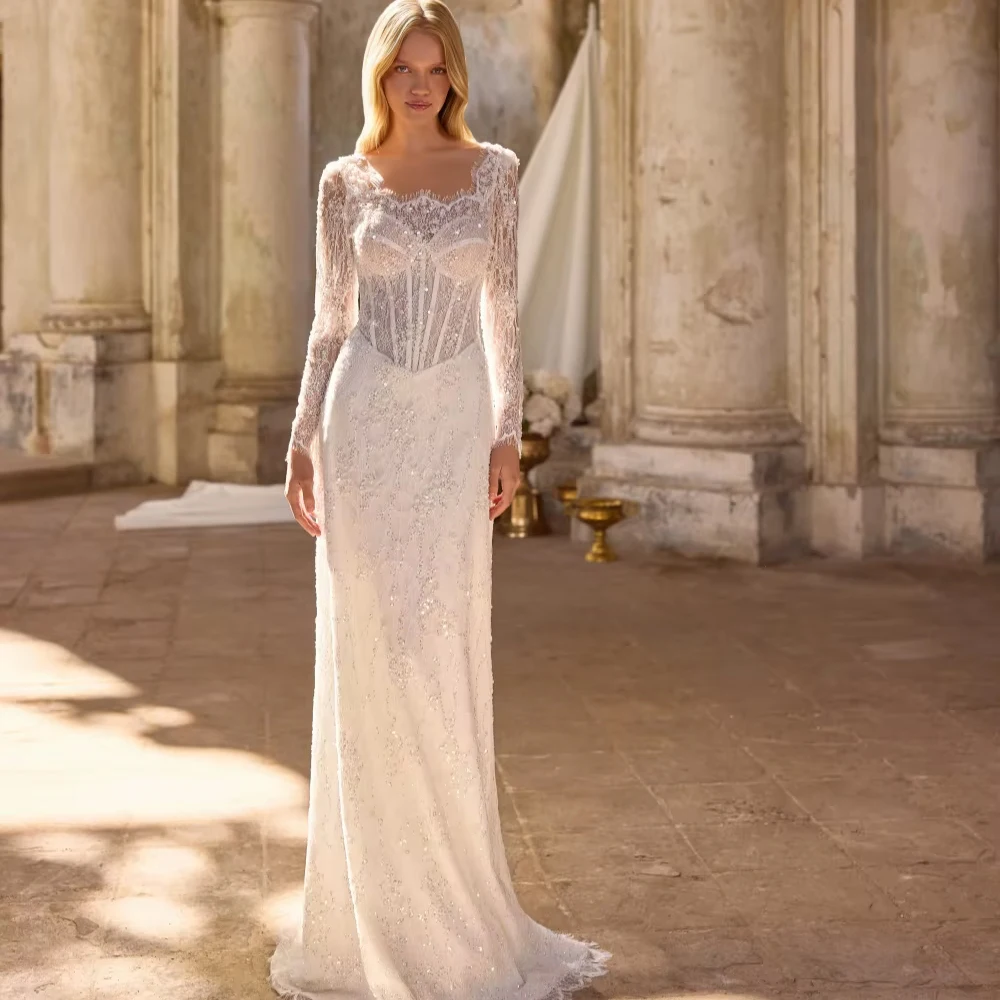 Robe de mariée personnalisée avec perles, longueur au sol, pour femmes, modeste, manches longues, dentelle, gaine de rêve