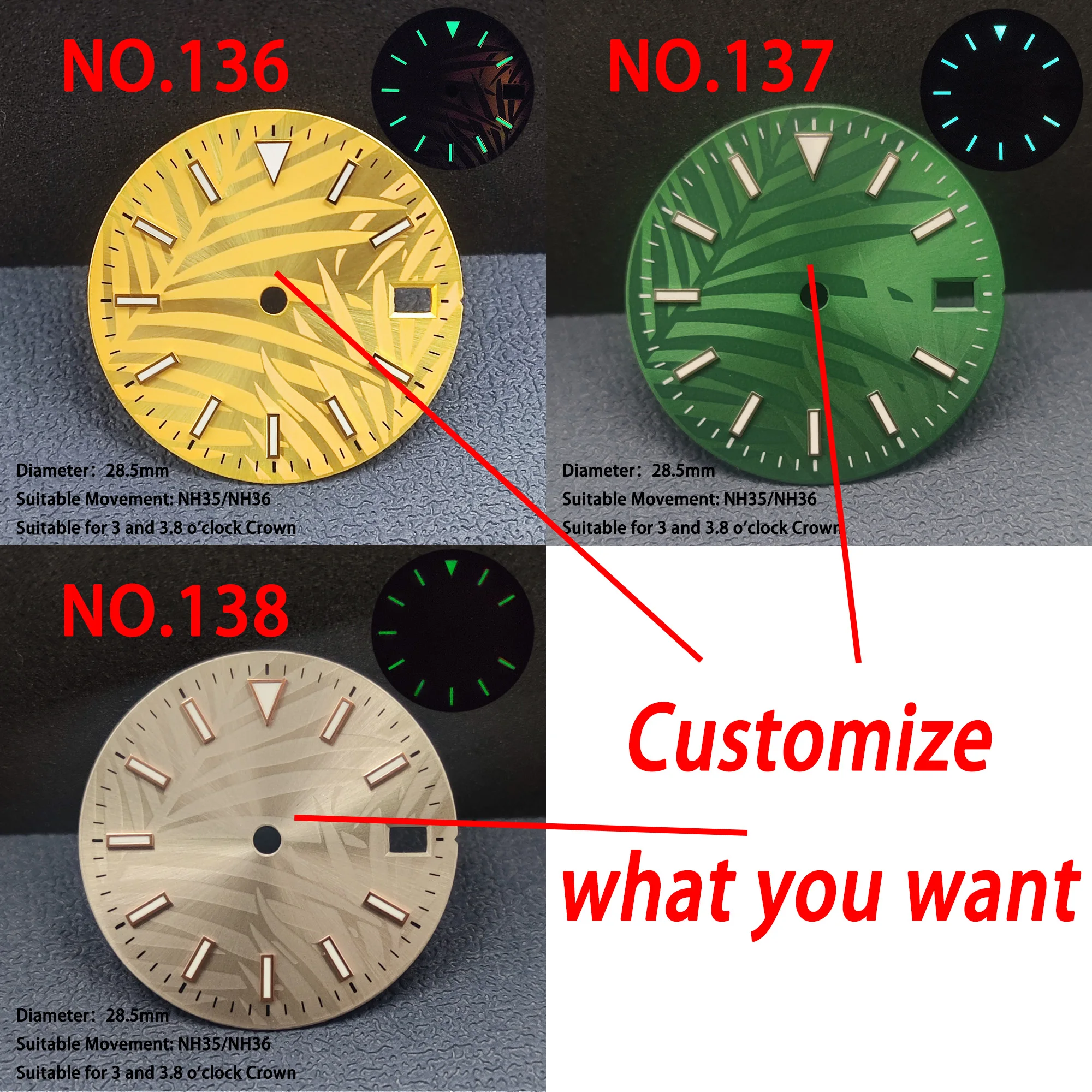 28mm watch dial, leaf texture dial, single calendar dial suitable for NH35/NH36 movement, supporting laser printed logo