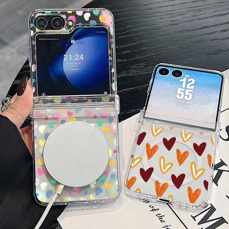 For Samsung Galaxy Z Flip 8 7 FE 6 5 4 5G Love Hearts Pattern Magnetic Clear Phone Case For Magsafe Wireless Charging Hard Cover