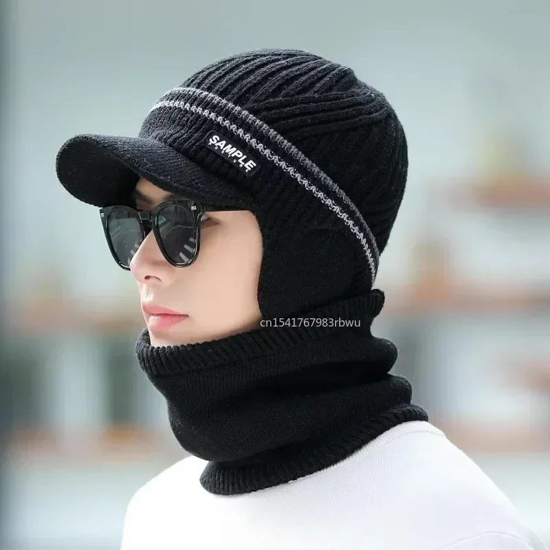 Winter Knitted Visor Hat for Men Pullover Hat Scarf Ski Mask Fleece Lined Women Thick Warm Beanie Hat Balaclava Knitted Hats Cap