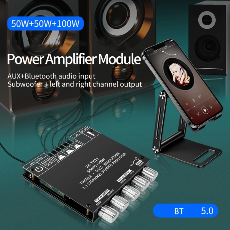 ZK TB21 TPA3116D2 BT5.0 ซับวูฟเฟอร์เครื่องขยายเสียง 50WX2 + 100W 2.1CHเครื่องขยายเสียง