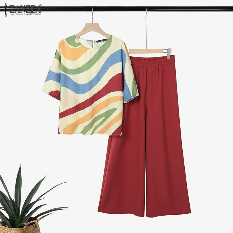 

ZANZEA Летний женский комплект с коротким рукавом и случайным принтом, элегантный комплект из 2 предметов: топ с круглым вырезом и брюки с широкими штанинами для офиса и вечеринок