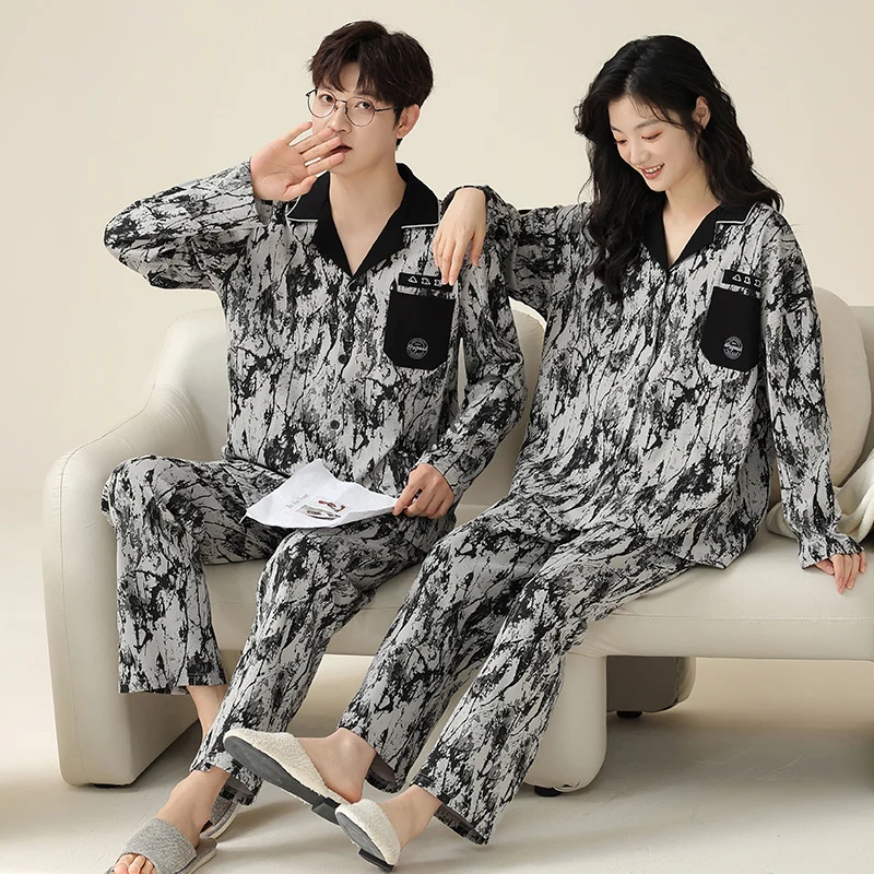 M-3XL Men's and Women's Pajamas All Cotton Spring and Autumn Cardigan Printed Pure Cotton Couple Home Furnishing Autumn Set