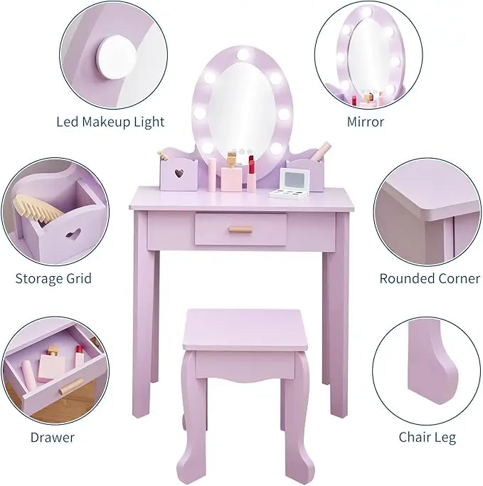 Kids Dressing Table with Lighted Mirror Dressing Table and Chair Set Girls Makeup Playset Playroom view 5
