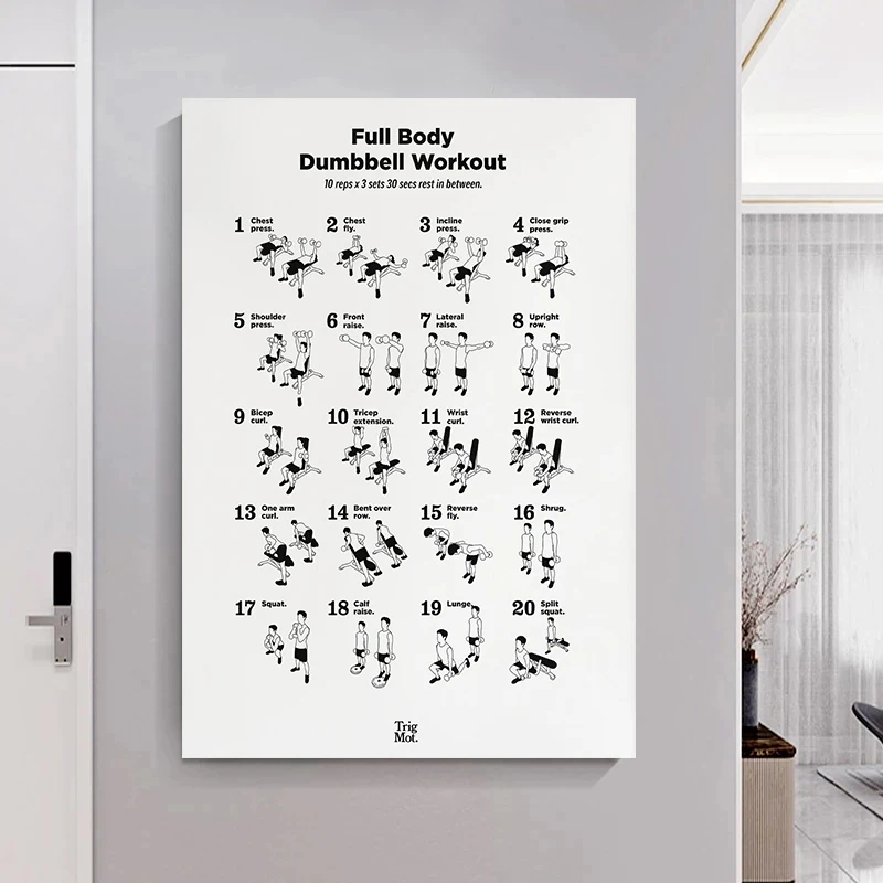 Dumbbell Gym Chart Poster Prints Fitness Workout Training Exercise Canvas Painting Black White Art Home Decor Cuadros