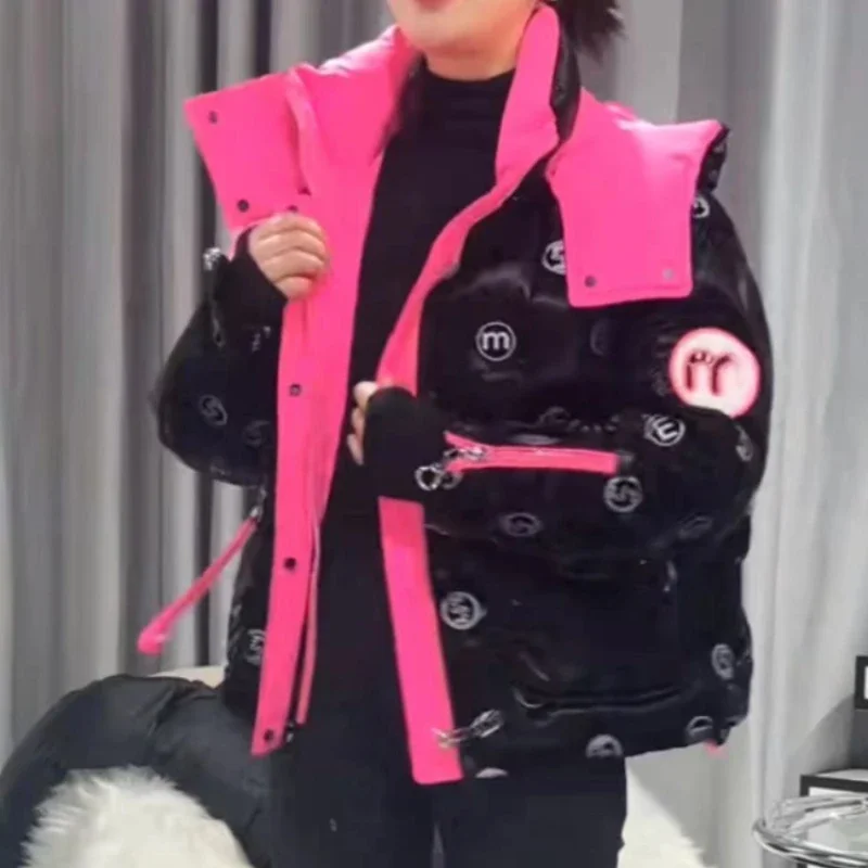 Hooded Women Jacket Short Winter Coat Female Color Collision Letters Down Jacket Loose Thick Warm Parkas Fashions Coats Down