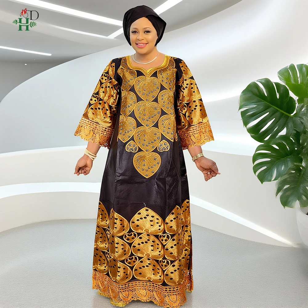 H & D-vestidos africanos para mujer, vestido Bazin Riche bordado de talla grande, vestidos Bubu de boda, caftán elegante Boubou Djellaba, ropa