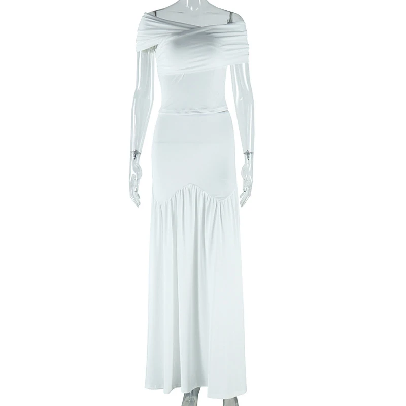 OMSJ Sexy Off Shoulder Cross Casual Tops And Pleated Midi Skirt Female Pure White Slim Elegant Matching Outfits Party Streetwear image 5