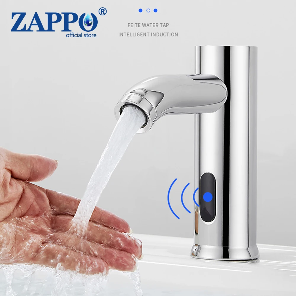 ZAPPO Bathroom Automatic Infrared Sensor Faucet Water Saving Inductive Electric Basin Mixer Hot Cold Water Touchless Tap Silver