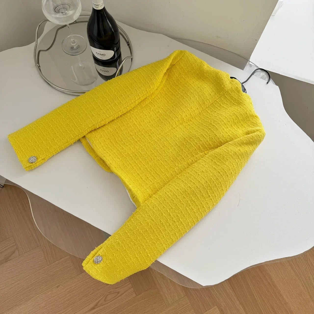 New High End Fashion Yellow Tweed Women\'s Jacket Wave Design Long Sleeve Double-breasted Elegant Office Lady Woolen Coat Outwear