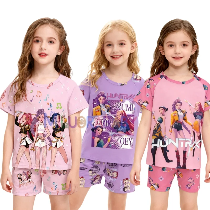 Ensemble pyjama d'été pour filles, manches courtes, dessin animé Kpop chasseurs de démons, vêtements de maison pour enfants moyens, ensemble de vêtements de noël