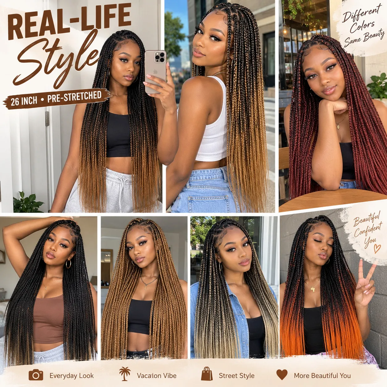 26 Zoll Vorgedehntes Flechthaar aus Synthetikfasern, Lange Box Braids, Knotless Braids, für Schwarze Frauen, DIY-Schutzfrisur – Detail 4