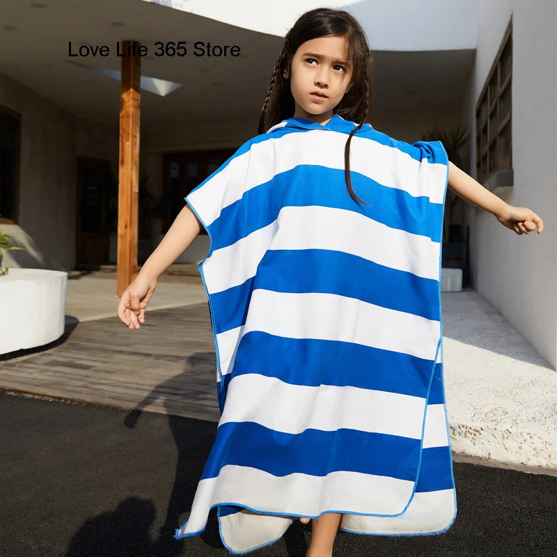 

Striped Soft Hooded Cloak Poncho Beach Bath Towel Microfiber Quick Dry Bath Towel Wetsuit Kids Poncho Bathrobe For Swim Surf